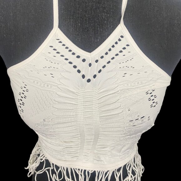 Free People Tops - Intimately Free Women Fringe Halter Crop Top Tie Neck Sz XS Ivory Summer 7-14